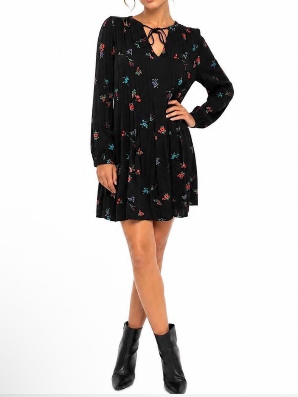 Old Navy Black Floral Long-Sleeve Mini Dress with Tie Neck